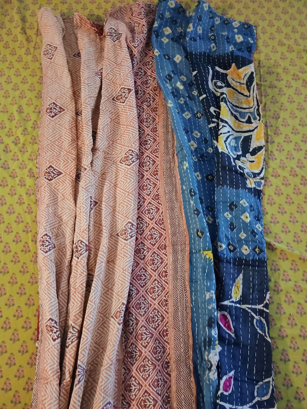 Handstitched Cotton Kantha Quilt in Blue and Peach